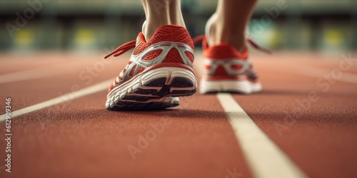 Close up view of runner sport shoes sprint running on track. Generative AI
