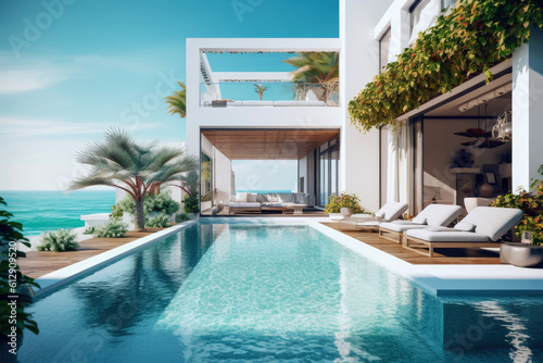 Modern and luxury Hotel lounge building architecture design concept, summer villa house residence and private with swimming pool and sea view, resort with space for sunbathing, with Generative Ai. © TANATPON