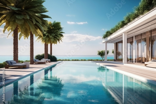Modern and luxury Hotel lounge building architecture design concept, summer villa house residence and private with swimming pool and sea view, resort with space for sunbathing, with Generative Ai.