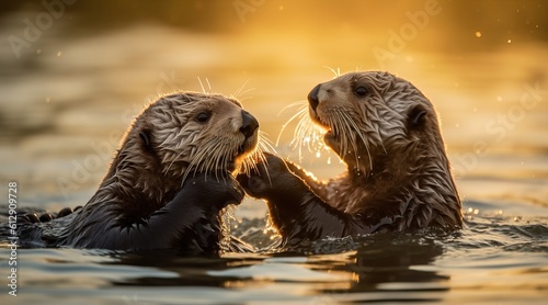 otters in the water having fun © Nikola