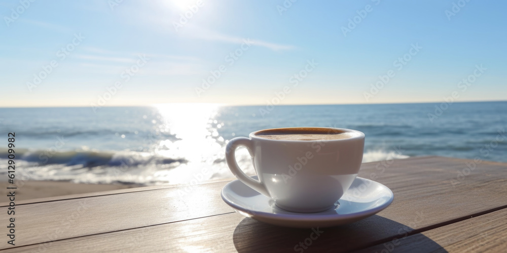 White coffee cup on a wooden table on beach bar, on sunset. AI generative.