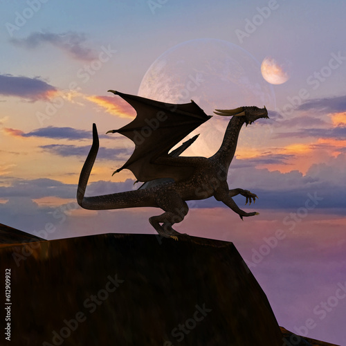 Illustration of large horned dragon atop a mountain as night falls with a colorful sunset on an alien world. © Bert Folsom