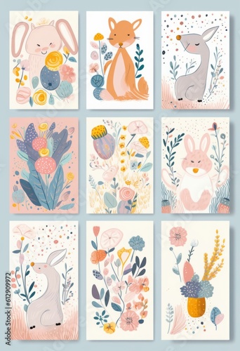 Baby posters and cards with animals and flowers pattern. illustrations with cute animals. Baby illustrations, Generative AI