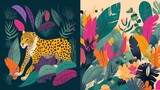 Tropical  colorful illustration with leopard, flowers, leaves and toucan, Generative AI