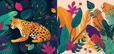 Tropical  colorful illustration with leopard, flowers, leaves and toucan, Generative AI