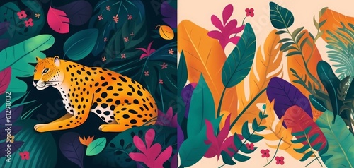 Tropical colorful illustration with leopard, flowers, leaves and toucan, Generative AI