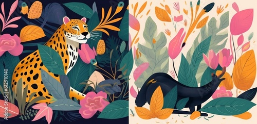 Tropical colorful illustration with leopard, flowers, leaves and toucan, Generative AI © Lens Legends