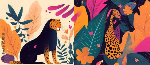 Tropical  colorful illustration with leopard  flowers  leaves and toucan  Generative AI