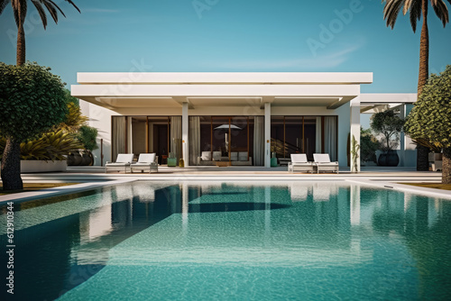 Modern and luxury Hotel lounge building architecture design concept, summer villa house residence and private with swimming pool and sea view, resort with space for sunbathing, with Generative Ai. © TANATPON