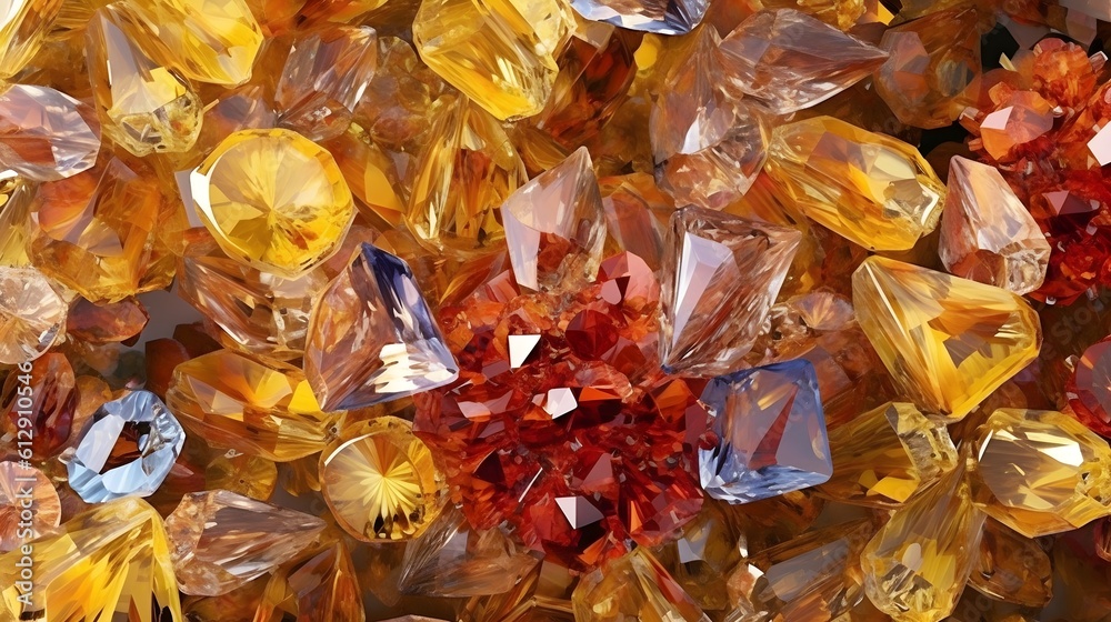Radiant Yellow Gemstones in a Large Group on Amber Background Radiant Yellow Gemstones in a Large Group on Amber Background