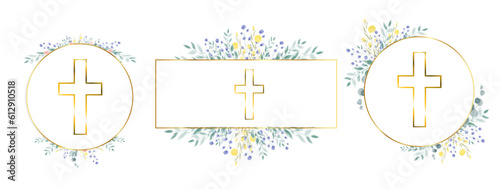 Watercolour hand drawn Floral Cross Clipart, golden frames illustration, Baptism Crosses golden cross, Holy Spirit golden frames set, wedding banner, Easter border, png isolated on transparent 