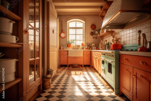 Classic old vintage interior kitchen room with minimal cozy tone style, decorate with counter table. chairs and warm tone background, with Generative Ai. © TANATPON