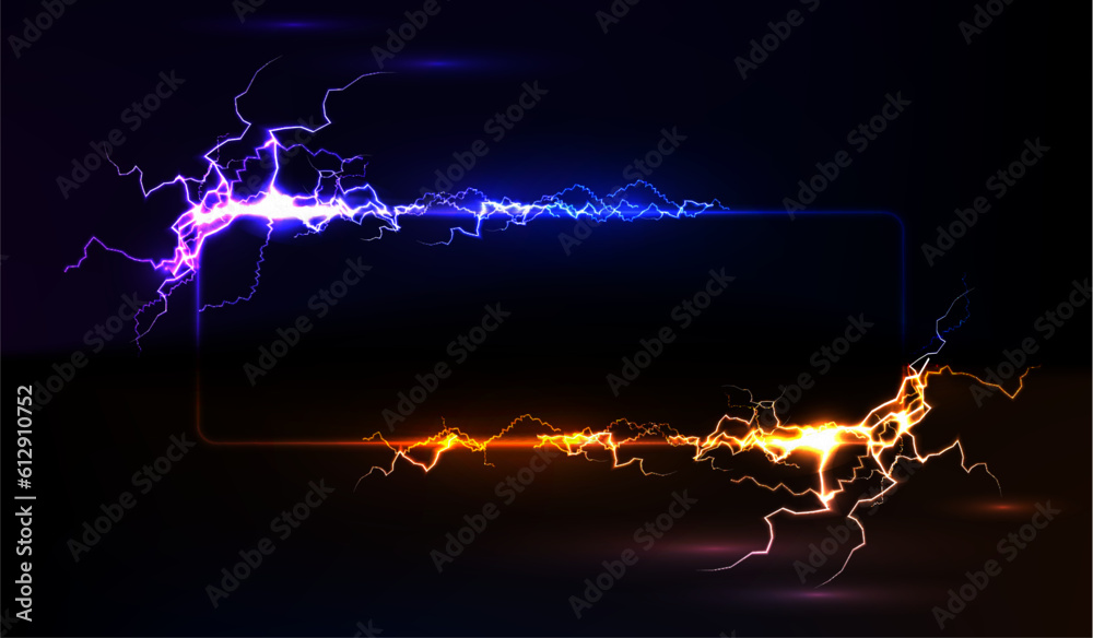 Lightning frame, blue and yellow electric rectangular frame with lightning effect.