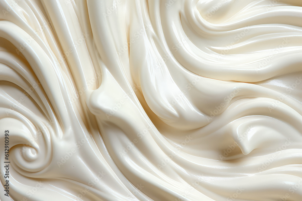 Overhead of the texture of the pastry cream of milky white. Texture pattern of dessert cream or beige paint with swirls and strokes. Generative AI photo imitation. Overhead of the texture of the pastry cream of milky white. Texture pattern of dessert cream or beige paint with swirls and strokes. Generative AI photo imitation.