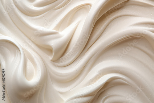 Above of the texture of the pastry cream of milky white. Texture pattern of dessert cream or beige paint with swirls and strokes. Generative AI photo imitation.