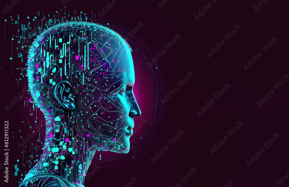 humanoid head with neural network thinking. AI with a number. Generated AI humanoid head with neural network thinking. AI with a number. Generated AI
