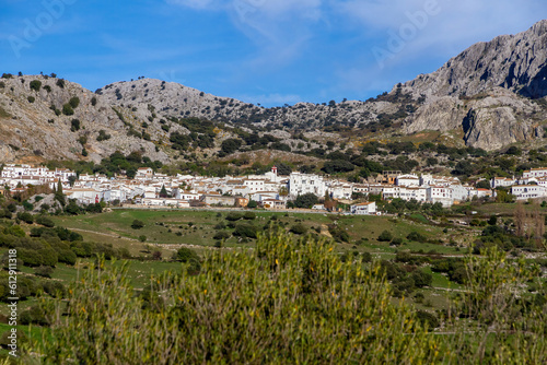 White village of Benaocaz in the Sierra de Grazalema, surrounded by mountains, Cadiz, Andalusia, Spain