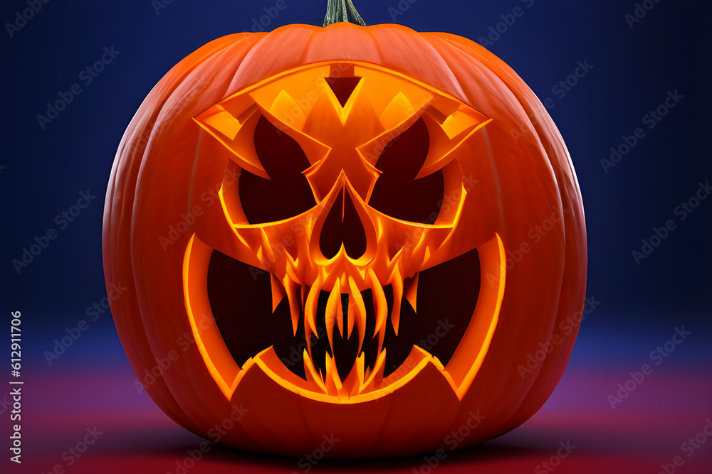 Fototapeta premium Big pumpkin with burning teeth on purple blue background. Halloween pumpkin holiday. Generative AI