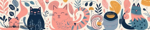 Cute spring collection with cats. Decorative abstract horizontal banner with colorful cats. Hand-drawn modern illustrations with cats and flowers, Generative AI