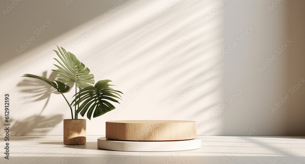 Empty wooden podium with monstera leaves on background, natural shadows design. Beauty product display. Organic Natural concept. Mock up, Spa. Generative ai Empty wooden podium with monstera leaves on background, natural shadows design. Beauty product display. Organic Natural concept. Mock up, Spa. Generative ai