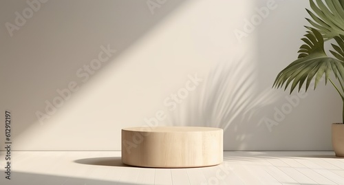 Empty wooden podium with monstera leaves on background, natural shadows design. Beauty product display. Organic Natural concept. Mock up, Spa. Generative ai
