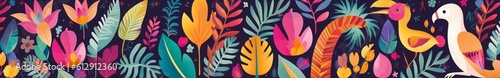 Animals big collection. Animals of Brazil. colorful set of illustrations with tropical flowers, leaves, monkey, flamingo, and birds. Brazil tropical pattern. Rio de janeiro, Generative AI © Visual Vortex
