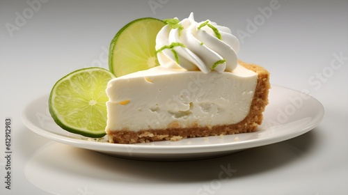 Keylime cheesecake topped with whipped cream and slices of keylime, isolated on a white background with copy space