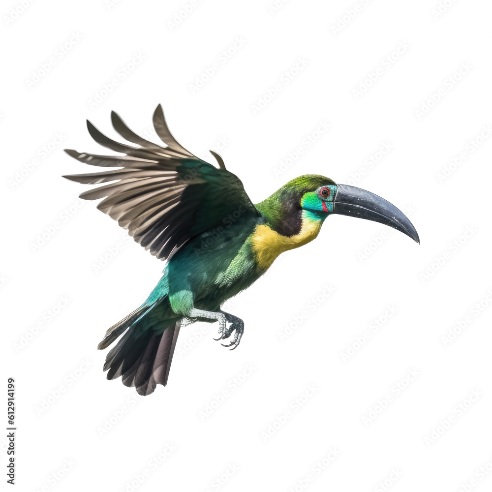 Fototapeta premium an Emerald Toucanette in flight in various positions, rainforest jewel, Wildlife-themed, photorealistic illustrations in a PNG, cutout, and isolated. Generative AI