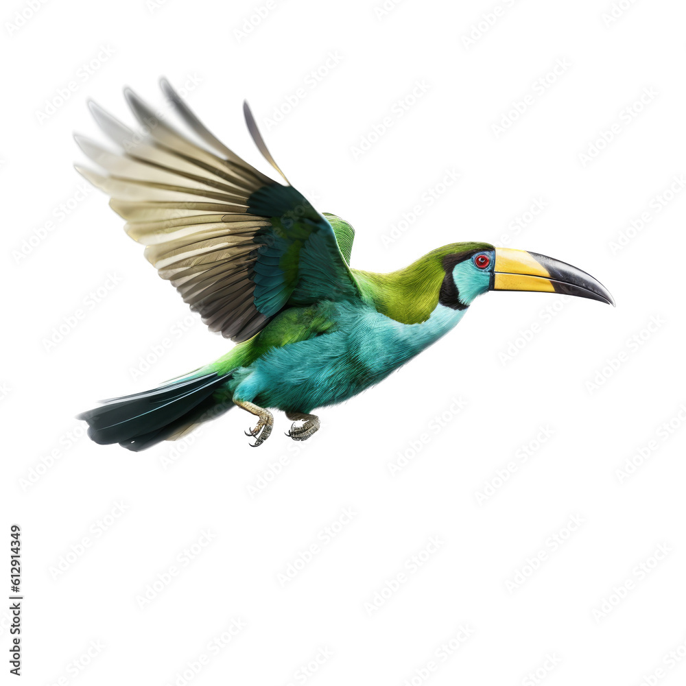 Fototapeta premium an Emerald Toucanette in flight in various positions, rainforest jewel, Wildlife-themed, photorealistic illustrations in a PNG, cutout, and isolated. Generative AI
