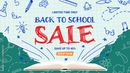 Seasonal background for Back to school sale. Vector collage with cut out book with torn paper, doodle elements. Retro banner concept for Back to school sale. Discount offer. photo
