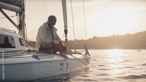 Man adjusting the sail on a catamaran, freedom, wealth, and the success of an affluent lifestyle,  © © Ai Factory