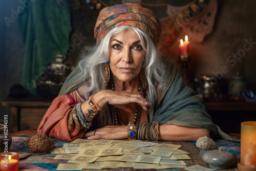 Gypsy woman fortune teller working with tarot cards, predicting future, looking directly into camera, esoteric mysticism decorations in background. Generative AI