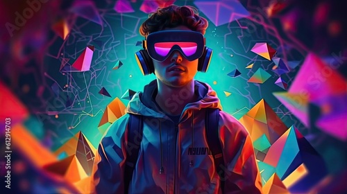 Man wear virtual reality VR goggle on metaverse digital cyber world technology and game and playing entertainment NFT game futuristic lifestyle in Low polygon, particle, and triangle style design.