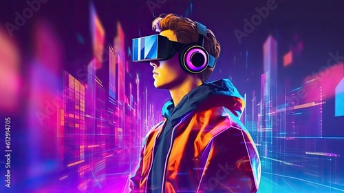 Man wear virtual reality VR goggle on metaverse digital cyber world technology and game and playing entertainment NFT game futuristic lifestyle in Low polygon, particle, and triangle style design.