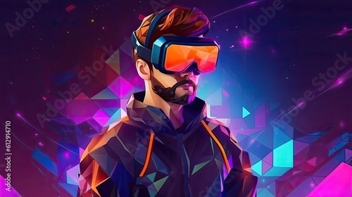 Man wear virtual reality VR goggle on metaverse digital cyber world technology and game and playing entertainment NFT game futuristic lifestyle in Low polygon, particle, and triangle style design. © Zelta