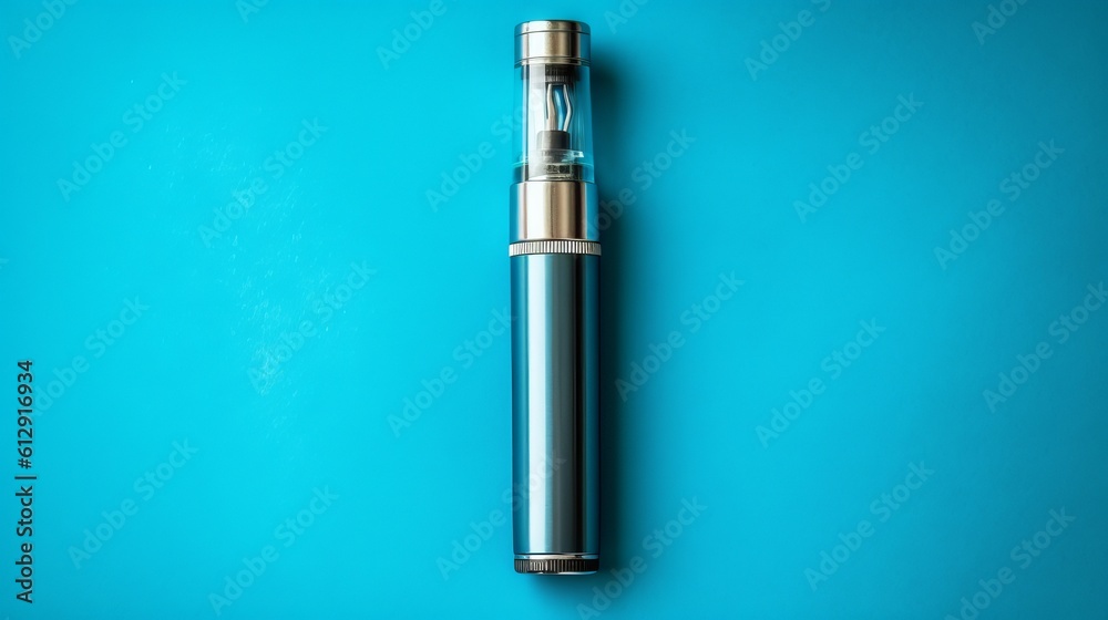 Vape pen metal electronic cigarette with vaping blue background top view Generative AI Vape pen metal electronic cigarette with vaping blue background top view Generative AI