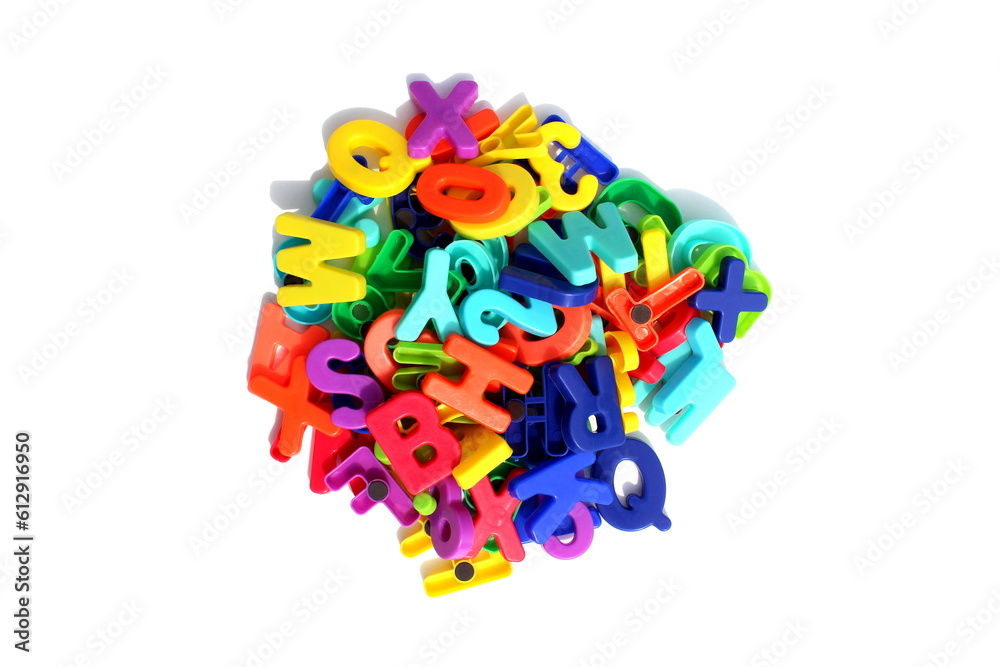 On a white background are a bunch of English bright multi-colored letters.