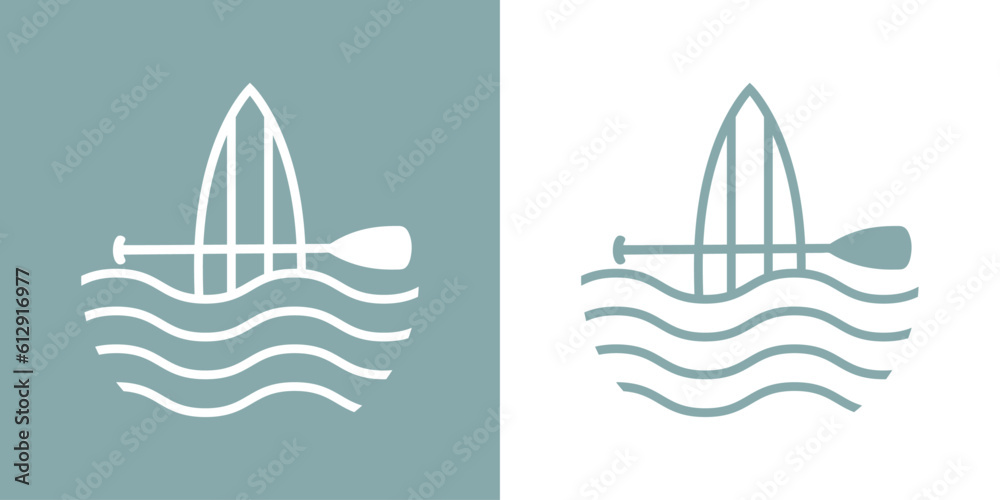 Logo club de paddle surf. Silueta lineal de tabla de paddle surf con remo cruzado y olas de mar - obrazy, fototapety, plakaty 