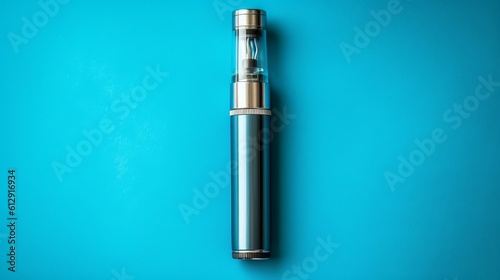 Vape pen metal electronic cigarette with vaping blue background top view Generative AI