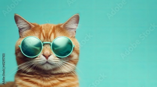 Closeup portrait of funny ginger cat wearing sunglasses isolated on light cyan. Copyspace Generative AI