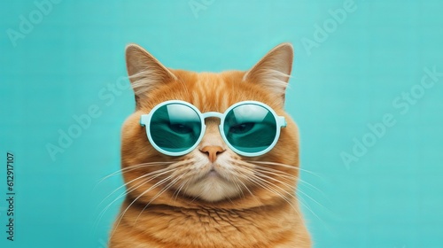Closeup portrait of funny ginger cat wearing sunglasses isolated on light cyan. Copyspace Generative AI
