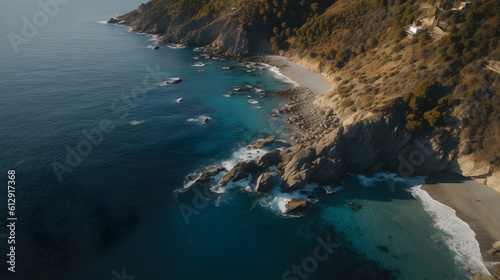 A breathtaking aerial view of the mesmerizing coastline, where azure blue waters meet golden sandy beaches, framed by rugged cliffs and lush greenery. Generative AI