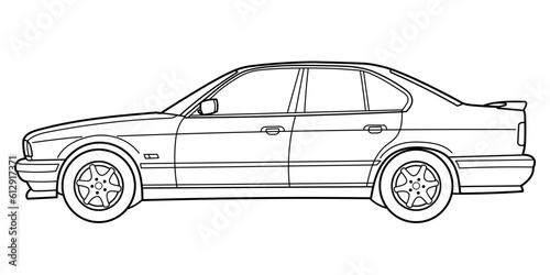 Classic sedan car. Side view shot. Outline doodle vector illustration. Design for print, coloring book 