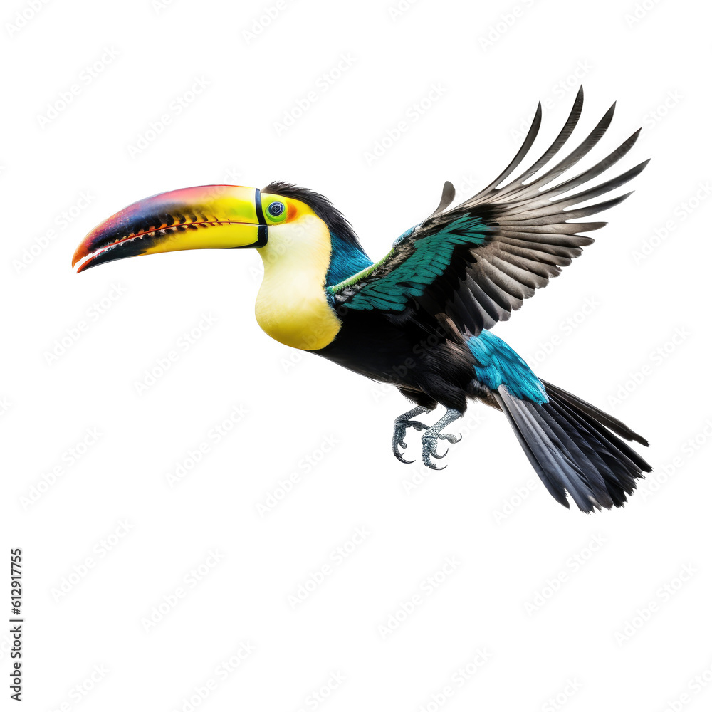 a Keeled Billed Toucan in flight, in various positions, rainforest color, Wildlife-themed, photorealistic illustrations in a PNG, cutout, and isolated. Generative AI a Keeled Billed Toucan in flight, in various positions, rainforest color, Wildlife-themed, photorealistic illustrations in a PNG, cutout, and isolated. Generative AI