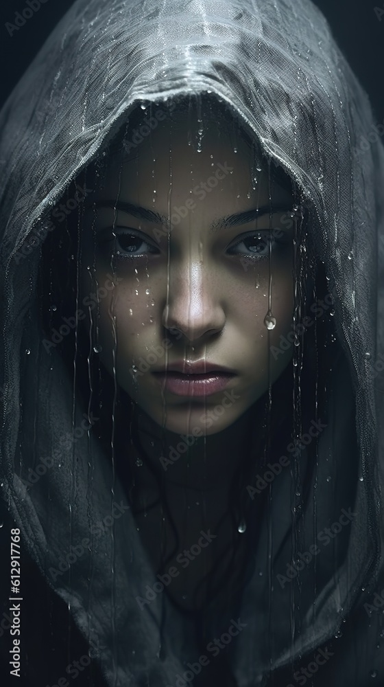 Portrait of a woman in the rain, beautiful close shot, 