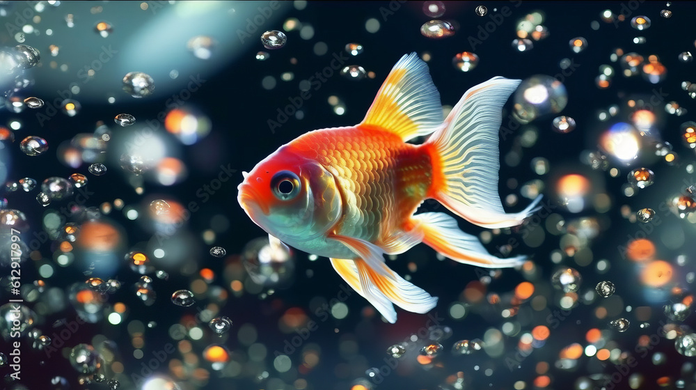 Goldfish in bubbles, quiet pet. Beautiful fish created in AI.