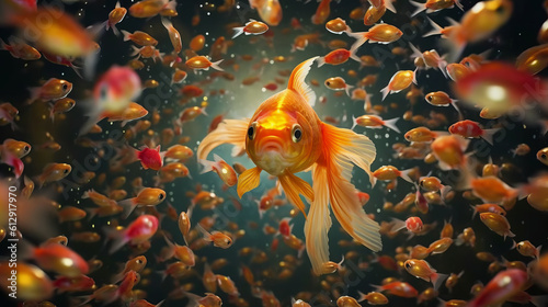 Princess Goldfish surrounded by small golden fry. Inhabitants of the underwater world. Created in AI.