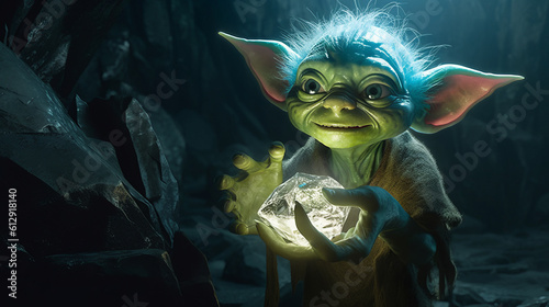 Goblin in a dark cave with a gem in his hands. Gremlin miner minion of the dwarves. Created in AI.