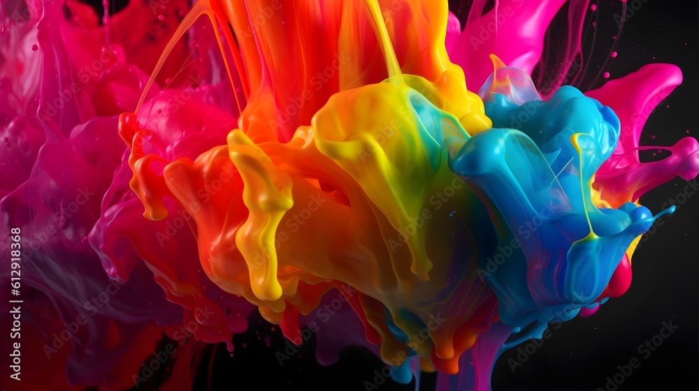Abstract liquid color explosion colorful artistic yellow blue purple red orange splashing splatter in the air black background. Generative AI technology.