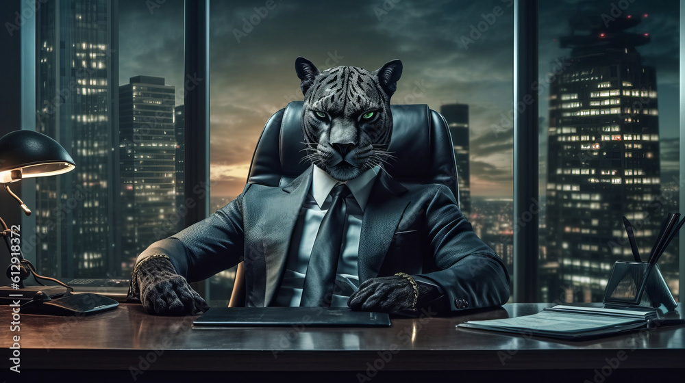 Jaguar man, panther boss in a jacket sits in an armchair in a dark office overlooking the night city. Created in AI.